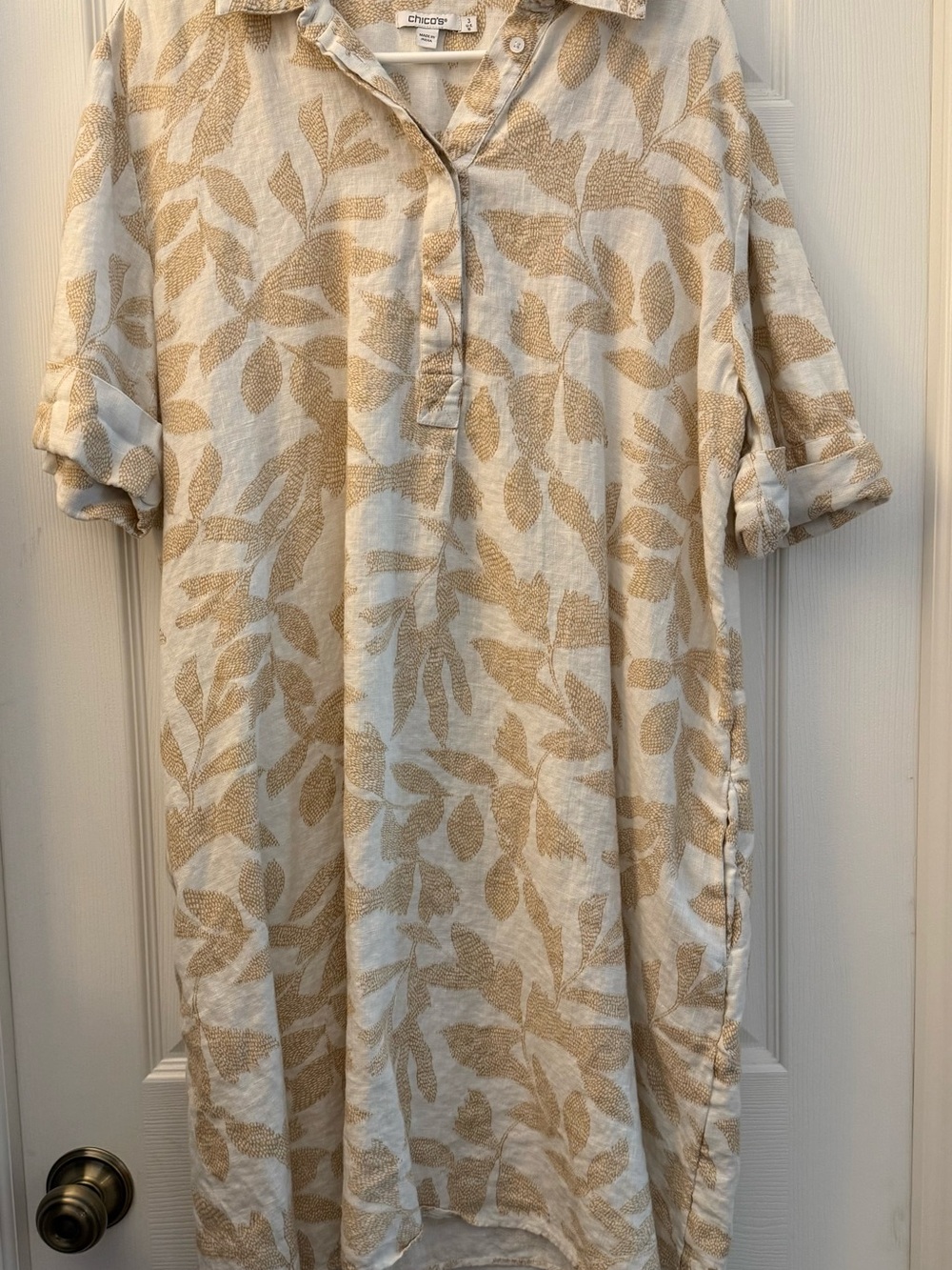 Chico's Linen-Blend Short Sleeve Shirt Dress in Cream and Tan Leaf Print